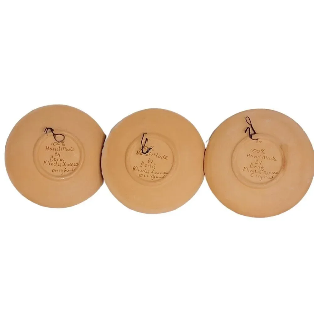 Vintage Set of‎ 3 Handmade Plates By Bonis Pottery In Rhodes Greece Viking Boats